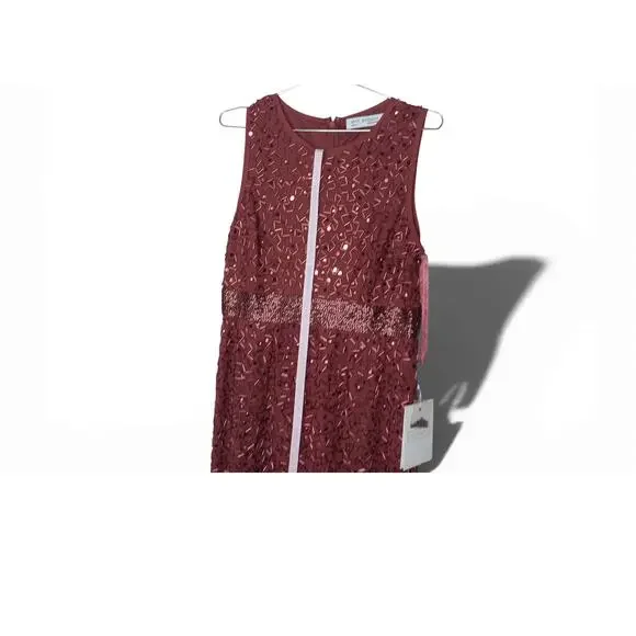 New with Tags Mac Duggal 93758 Beaded Midi Dress Jewel Neck Burgundy Size 8 - Picture 9 of 16